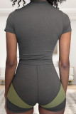 Street Patchwork Zipper O Neck Short Sleeve Two Pieces