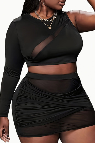 Sexy Solid Patchwork See-through Fold O Neck Plus Size Two Pieces
