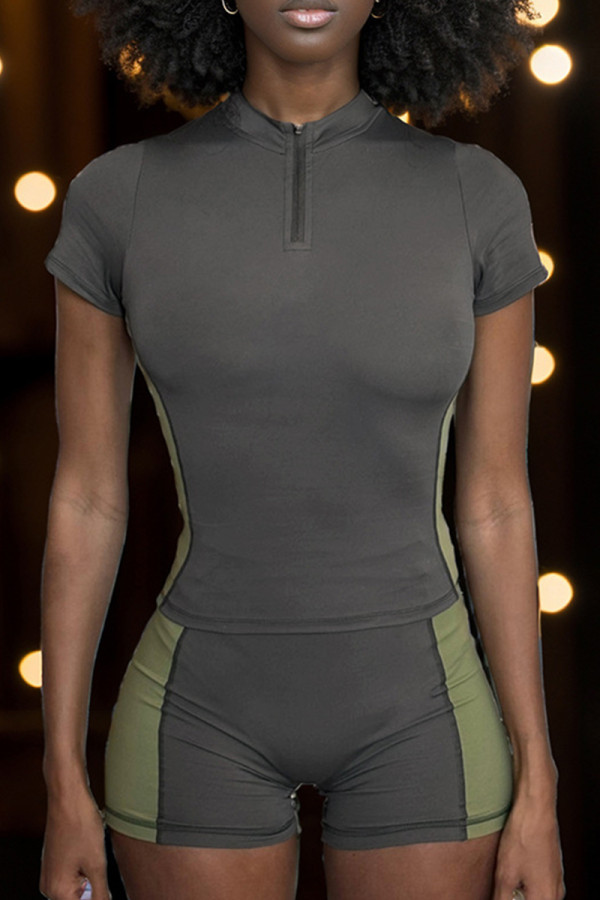 Street Patchwork Zipper O Neck Short Sleeve Two Pieces