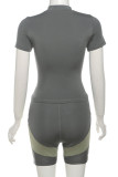 Street Patchwork Zipper O Neck Short Sleeve Two Pieces