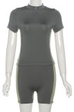 Street Patchwork Zipper O Neck Short Sleeve Two Pieces