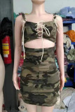 Sexy Street Camouflage Print Hollowed Out Patchwork Cross Straps Square Collar Wrapped Skirt Dresses