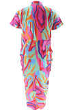 Celebrities Print Bandage Patchwork Buckle Fold Turndown Collar Long Plus Size Dresses