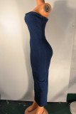 Sexy Gradient Patchwork Slit Zipper Strapless Sleeveless Regular Denim Dresses