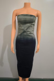 Sexy Gradient Patchwork Slit Zipper Strapless Sleeveless Regular Denim Dresses