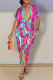 Celebrities Print Bandage Patchwork Buckle Fold Turndown Collar Long Plus Size Dresses