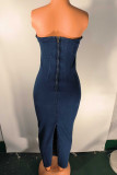 Sexy Gradient Patchwork Slit Zipper Strapless Sleeveless Regular Denim Dresses
