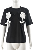 Casual Flowers Patchwork Contrast O Neck T-Shirts