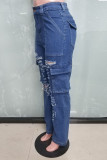 Street Solid Ripped Patchwork Pocket Buttons Zipper High Waist Straight Denim Jeans