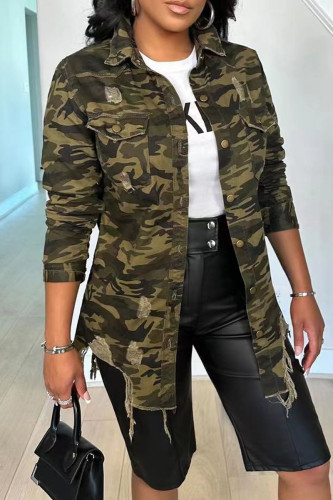Elegant Camouflage Print Ripped Patchwork Pocket Buckle Shirt Collar Tops