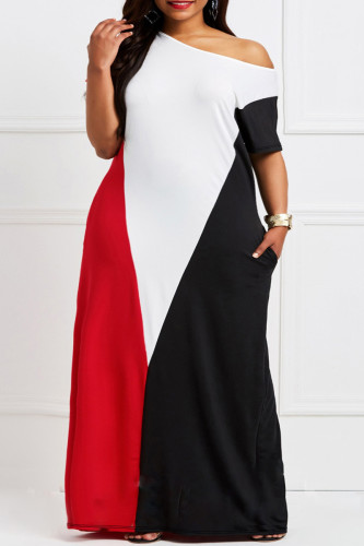 Casual Color Block Patchwork Pocket Contrast Oblique Collar Long Plus Size Dresses