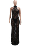 Sexy Solid Lace Patchwork See-through O Neck Long Dresses