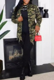 Elegant Camouflage Print Ripped Patchwork Pocket Buckle Shirt Collar Tops