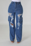 Street Solid Ripped Patchwork Pocket Buttons Zipper High Waist Straight Denim Jeans