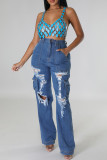 Street Solid Ripped Patchwork Pocket Buttons Zipper High Waist Straight Denim Jeans