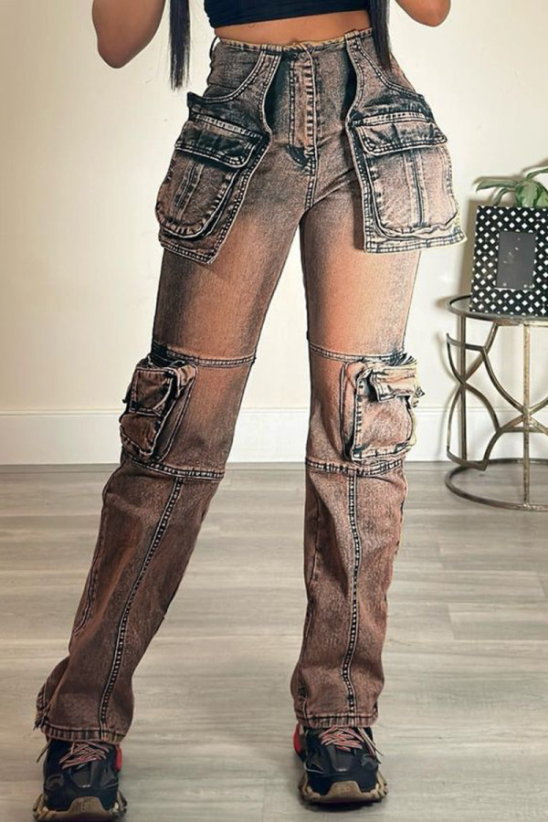 Street Make Old Patchwork Pocket Buttons Zipper Straight Denim Jeans