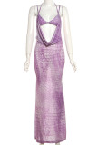 Sexy Print Hollowed Out Patchwork Halter Long Dresses