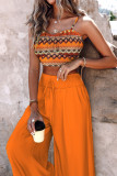 Casual Print Draw String Fold Spaghetti Strap Sleeveless Two Pieces
