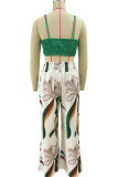 Casual Print Draw String Fold Spaghetti Strap Sleeveless Two Pieces