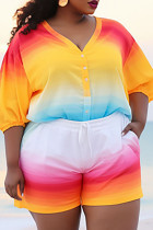 Street Gradient Patchwork Draw String Pocket Buckle V Neck Plus Size Two Pieces