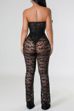 Sexy Solid Lace Patchwork See-through With Bow Strapless Sleeveless Two Pieces