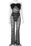 Sexy Solid Lace Patchwork See-through With Bow Strapless Sleeveless Two Pieces