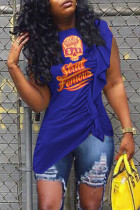 Casual Print Patchwork Flounce Fold O Neck T-Shirts