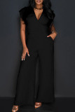 Casual Elegant Solid Patchwork Pocket V Neck Regular Jumpsuits