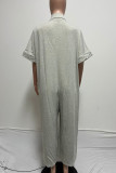 Casual Solid Patchwork Pocket Buckle Turndown Collar Loose Jumpsuits
