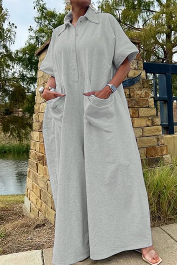 Casual Solid Patchwork Pocket Buckle Turndown Collar Loose Jumpsuits