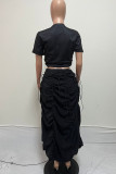 Casual Print Patchwork Draw String Fold O Neck Short Sleeve Two Pieces
