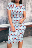 Street Print Patchwork O Neck Wrapped Skirt Dresses