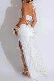 Sexy Solid Bandage Hollowed Out Patchwork Backless High Opening Halter Long Dresses