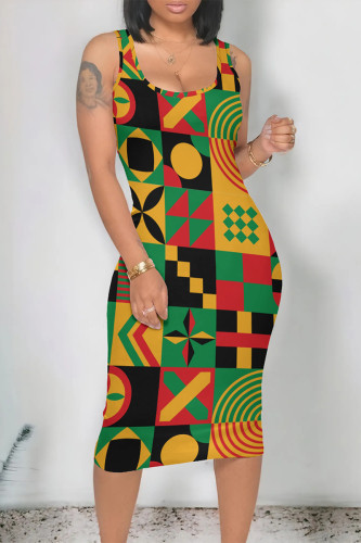 Casual Geometric Print U Neck One Step Skirt Dresses