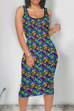 Vintage Print Patchwork U Neck Wrapped Skirt Dresses