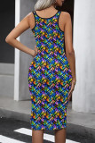 Vintage Print Patchwork U Neck Wrapped Skirt Dresses