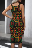 Casual Geometric Print Contrast U Neck One Step Skirt Dresses