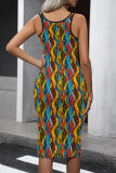 Vintage Print Patchwork U Neck Wrapped Skirt Dresses