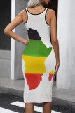Vintage Print Patchwork U Neck Wrapped Skirt Dresses