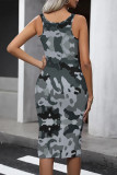 Casual Camouflage Print Contrast U Neck One Step Skirt Dresses