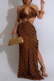 Sexy Solid Bandage Hollowed Out Patchwork Backless High Opening Halter Long Dresses