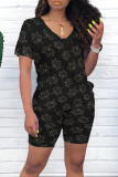 Casual Print Patchwork V Neck Short Sleeve Two Pieces