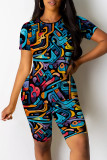 Casual Print Patchwork O Neck Short Sleeve Two Pieces