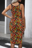 Vintage Print Patchwork U Neck Wrapped Skirt Dresses