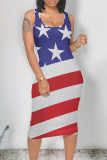 Casual Print The stars American Flag Contrast U Neck One Step Skirt Dresses
