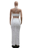 Sexy Solid Bandage Hollowed Out Patchwork Backless High Opening Halter Long Dresses