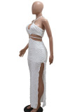Sexy Solid Bandage Hollowed Out Patchwork Backless High Opening Halter Long Dresses