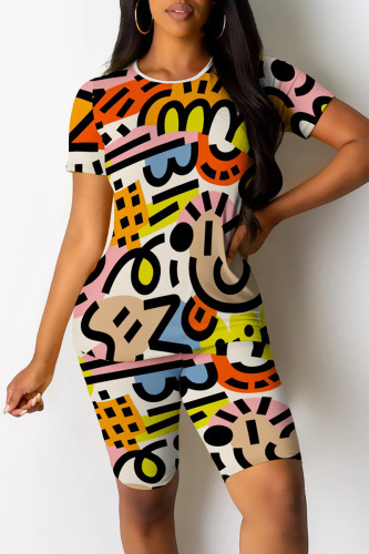 Casual Print Patchwork O Neck Short Sleeve Two Pieces