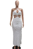 Sexy Solid Bandage Hollowed Out Patchwork Backless High Opening Halter Long Dresses