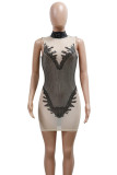 Sexy Hollowed Out Sequins Patchwork See-through Mandarin Collar Wrapped Skirt Dresses
